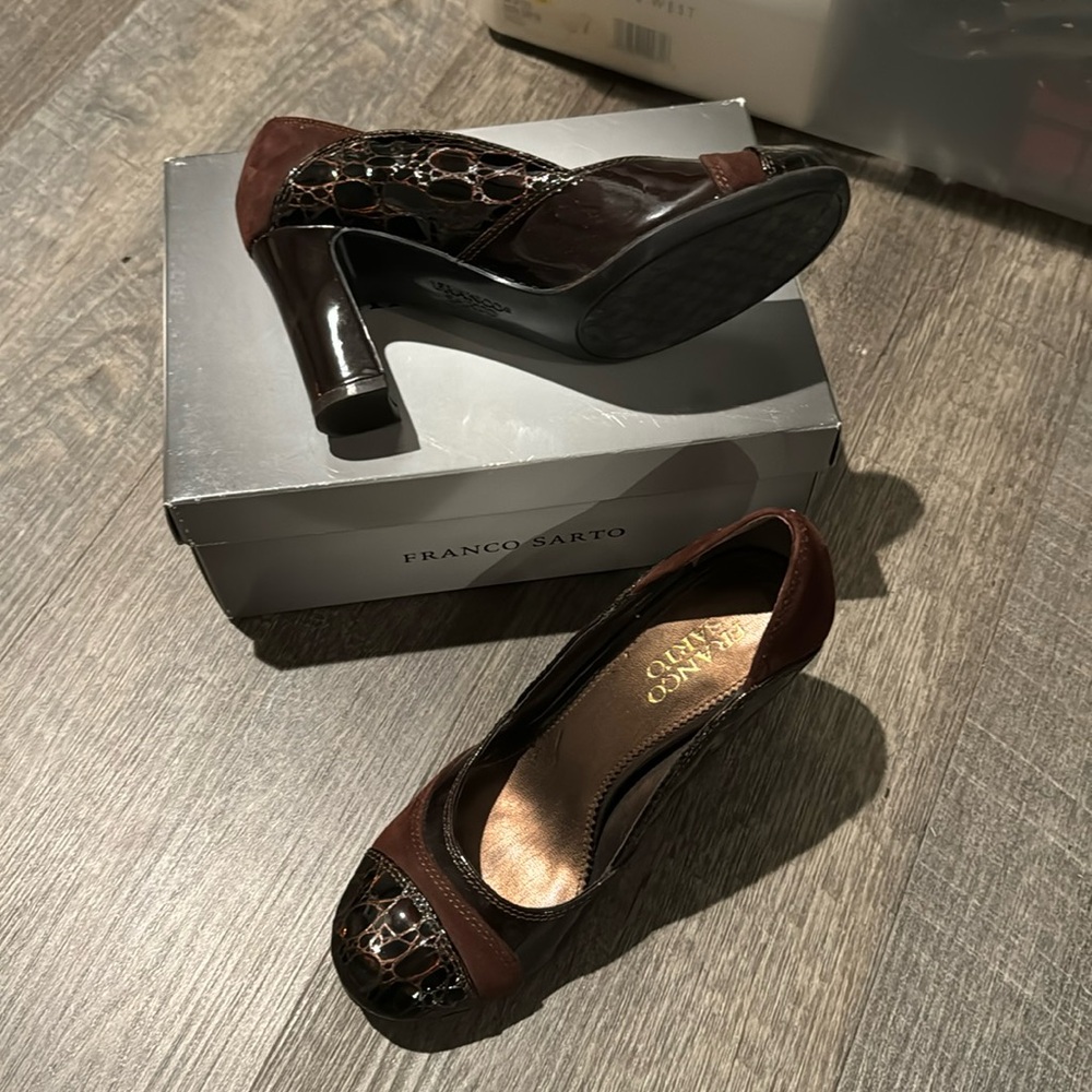 3” heel brown suede and snake design